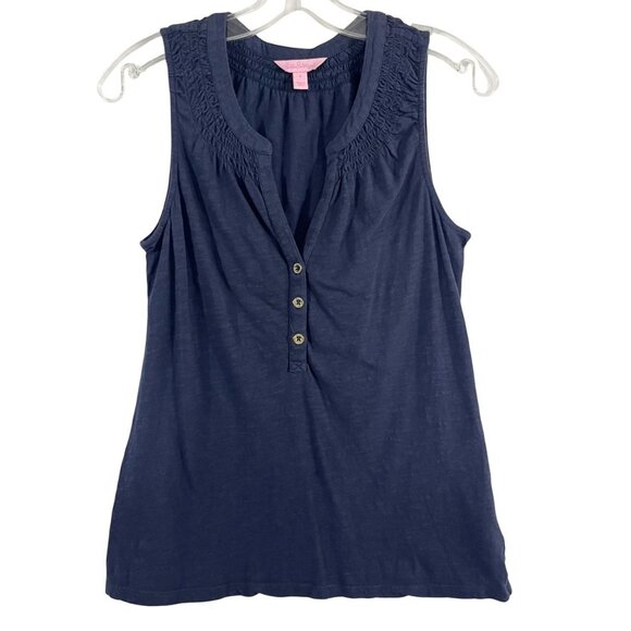 Lilly Pulitzer Essie Smocked Tank Top Navy Blue Cotton V-Neck Size Small - Picture 1 of 6